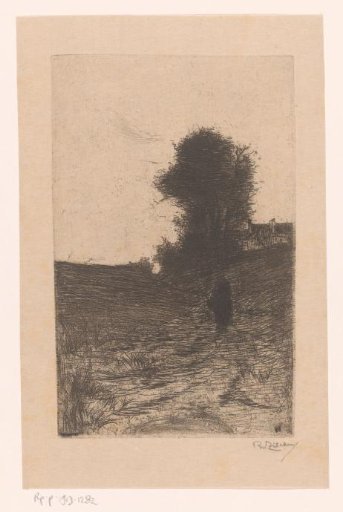 Landscape with trees, houses and a walking figure