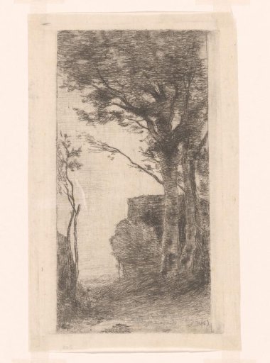 Landscape with trees and a building