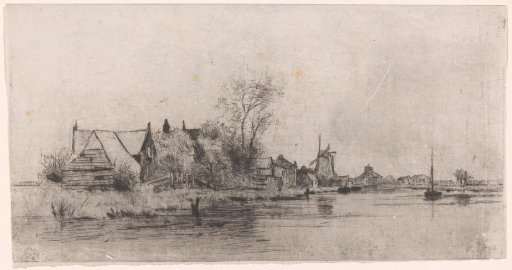 Landscape with houses and a mill by the water