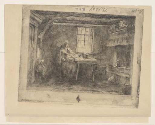 Woman with a sleeping child in a peasant interior