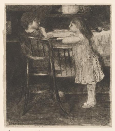Toddler in a high chair with a girl leaning on it