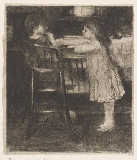 Toddler in a high chair with a girl leaning on it
