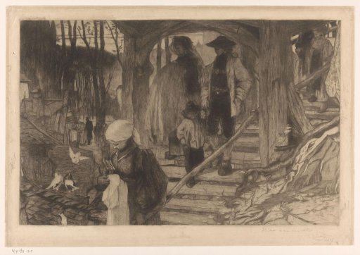 Peasants walking down a staircase