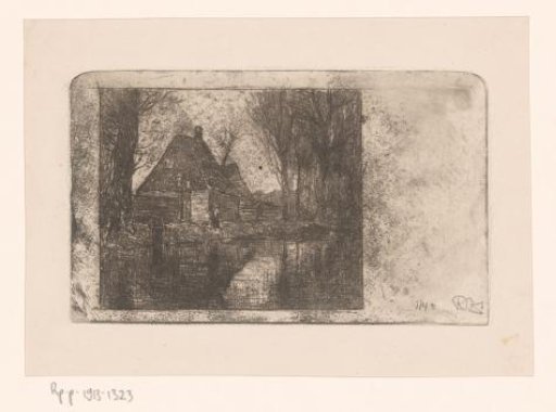 Wooden house and trees by a ditch
