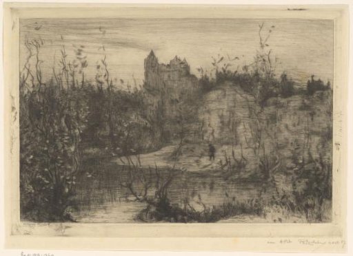 Landscape with castle, rocks and walker