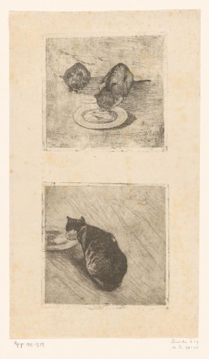 Print with two cats, one drinking from a bowl, and a print with a drinking cat