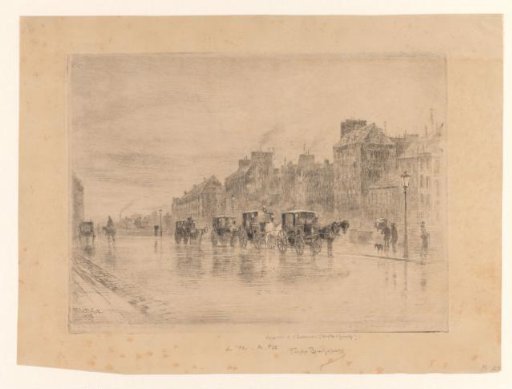 View of a street with carriages on a rainy day