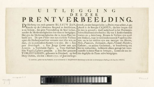 Explanation accompanying the print of the menagerie of Blaauw Jan, 1751