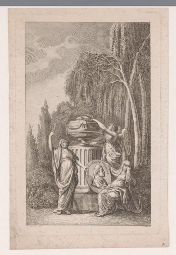 Portrait of David Wipacher on a commemorative medal at a monument with the mourning personifications of Religion and Hope under a weeping willow