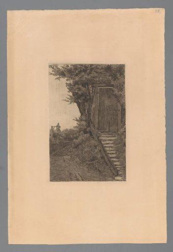 Door with a winding staircase by a road
