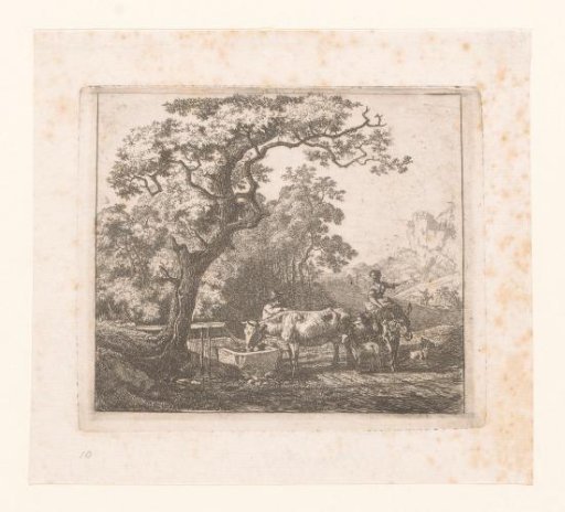 Landscape with a man by a cattle trough and a woman sitting on a donkey