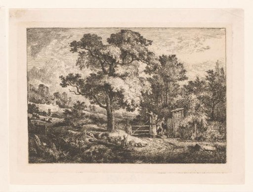 Landscape with fencing and shepherds with cattle