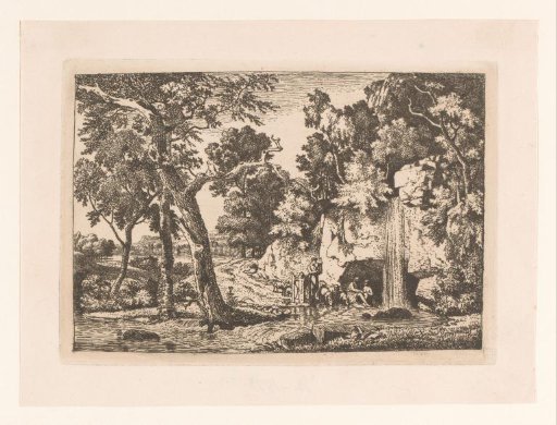 Landscape with a shepherd playing a lyre near a cave and waterfall