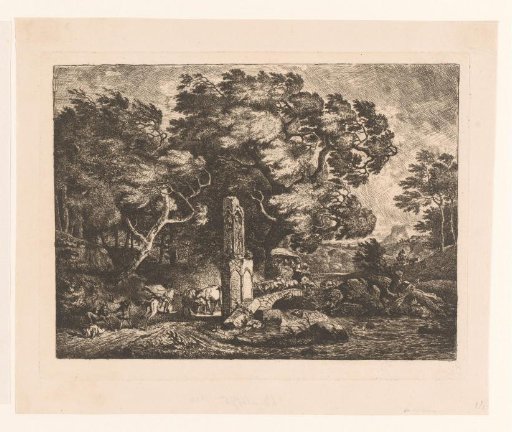 A gust of wind blowing past trees and a stone bridge with figures and animals