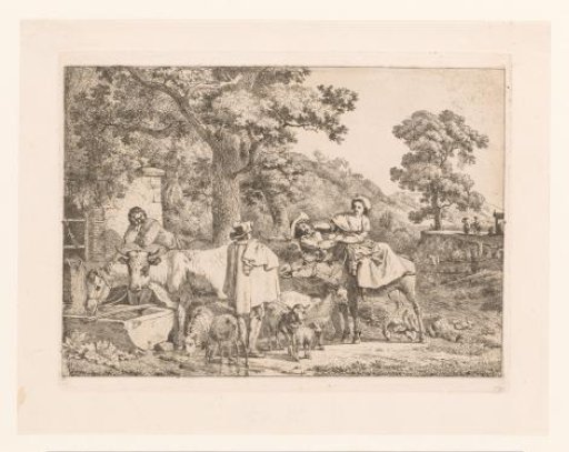 Three men and a woman with cattle at a drinking trough