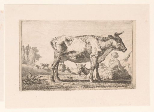 Landscape with a cow and goat near a spinner