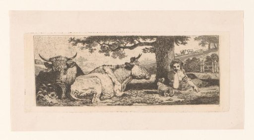 Shepherdess under a tree with two cows and a dog
