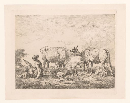 Spinner with child and bird sits among the cows and goats