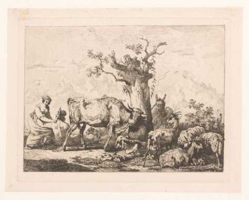 Landscape with cattle around a tree and a man and woman embracing