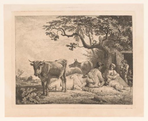 Family resting with the cattle near a barn
