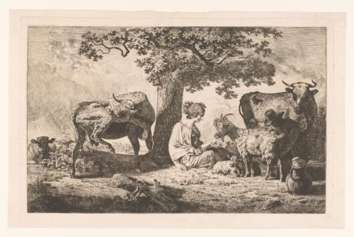 Man milking a goat while a woman feeds the goat