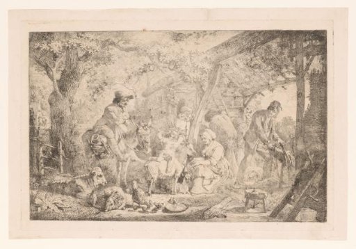 Child on a goat with the family and cattle around