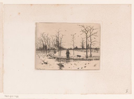 Winter landscape with hunters and a dog