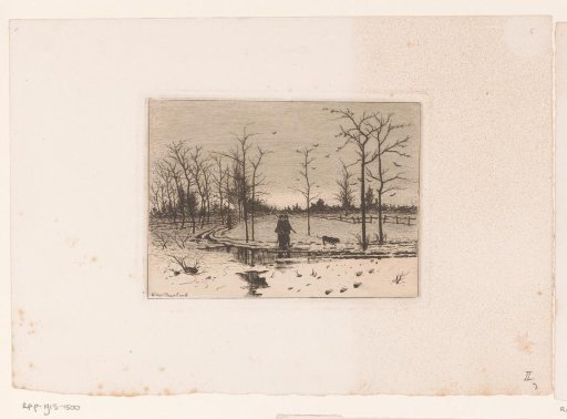 Winter landscape with hunters and a dog