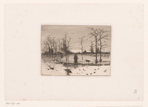 Winter landscape with hunters and a dog