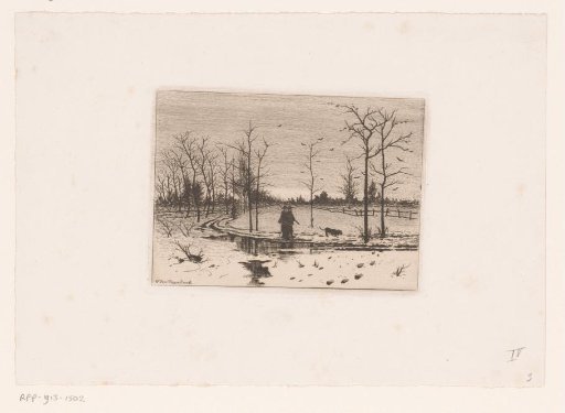 Winter landscape with hunters and a dog