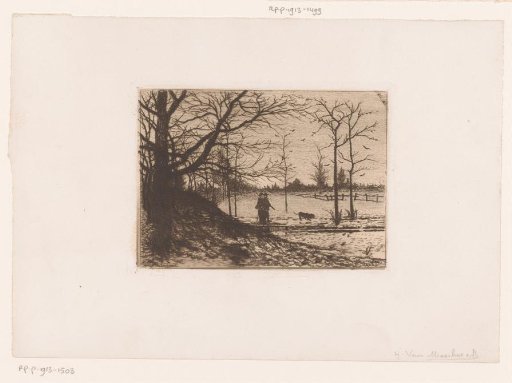 Winter landscape with hunters and a dog