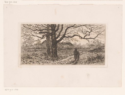 Landscape with two figures by a farmhouse and two large trees