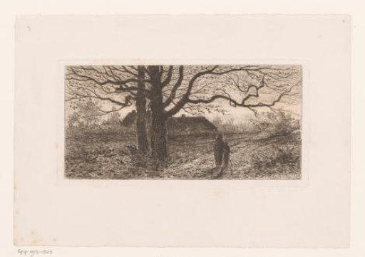 Landscape with two figures by a farmhouse and two large trees