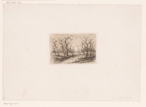 Landscape with bare trees and a figure with a walking stick