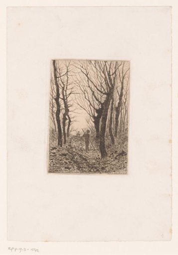 Two figures with long staff on a forest path