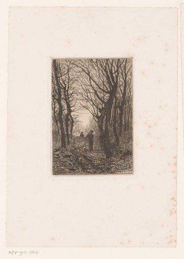 Two figures with long staff on a forest path