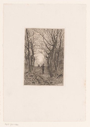 Two figures with long staff on a forest path