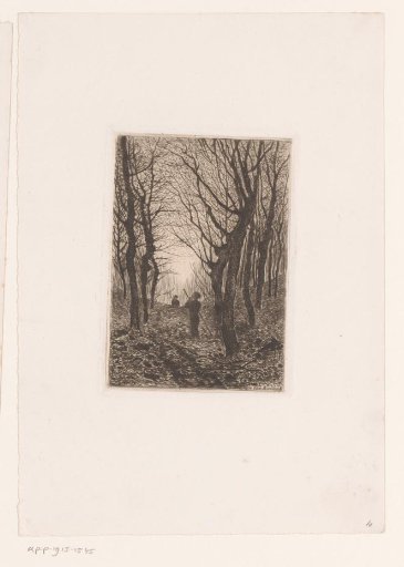 Two figures with long staff on a forest path