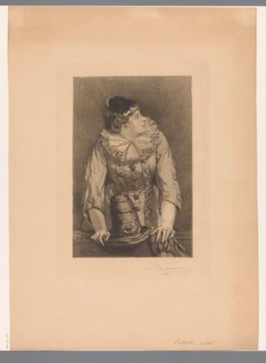 Woman in clown costume with hat in hand