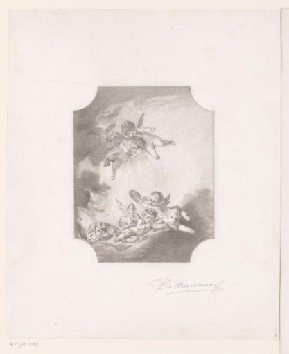 Putti on clouds with musical instruments and snow