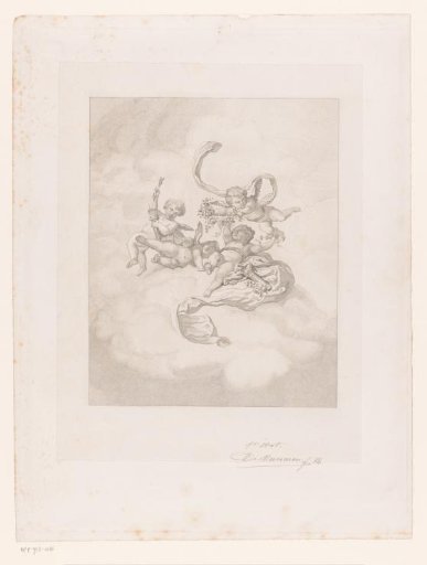 Putti on clouds with flowers and quivers