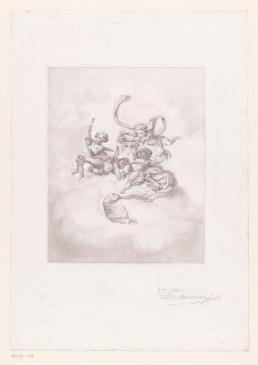 Putti on clouds with flowers and quivers