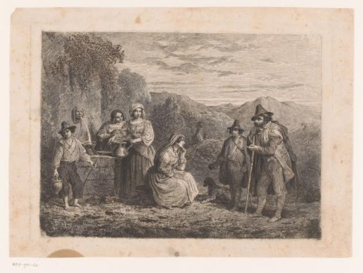Traveling musicians at a spring in the landscape