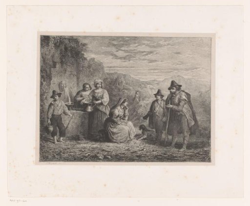 Traveling musicians at a spring in the landscape