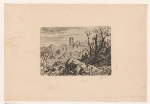 Italian landscape with two figures on a rock and a monastery in the background