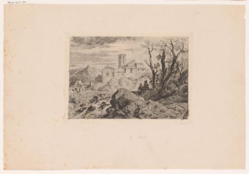 Italian landscape with two figures on a rock and a monastery in the background