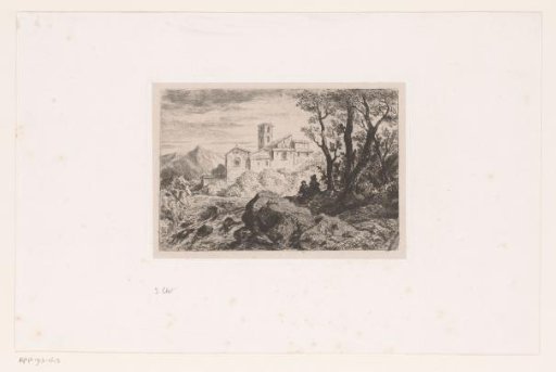 Italian landscape with two figures on a rock and a monastery in the background