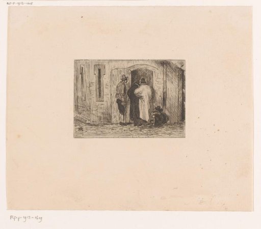 Four men looking through a doorway into a building