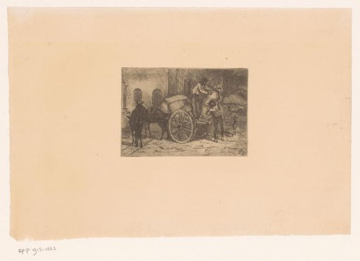 Men unloading sacks from a cart drawn by mules
