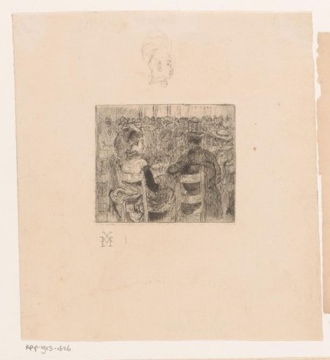 Woman with a fan and a man with a hat seated on a chair in a crowd